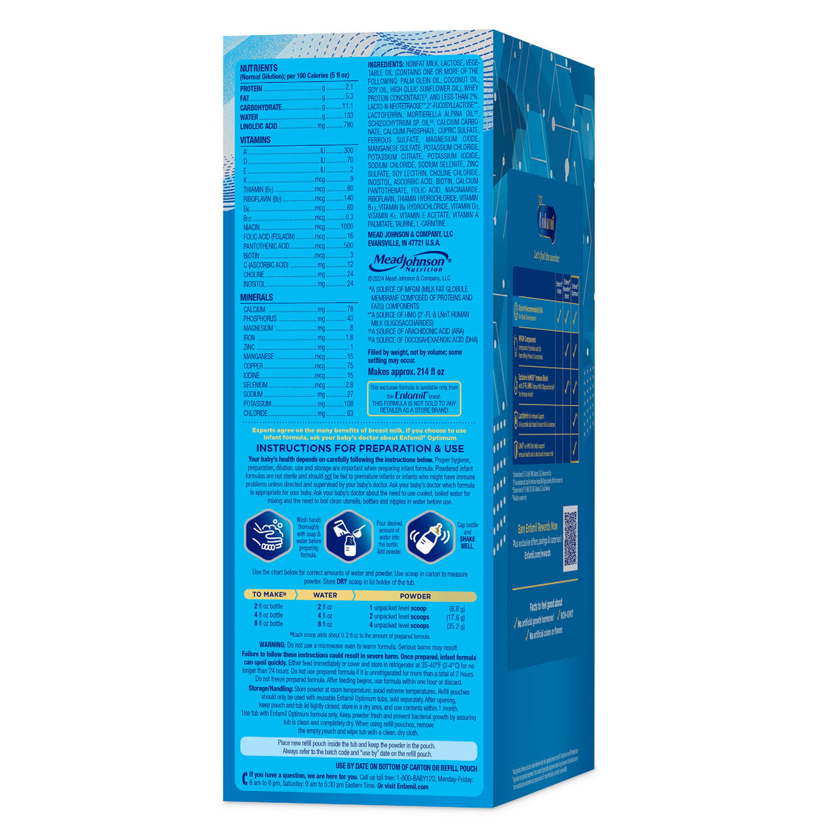 Enfamil Optimum Infant Formula refill pack 30oz nutrients, ingredients and preparation